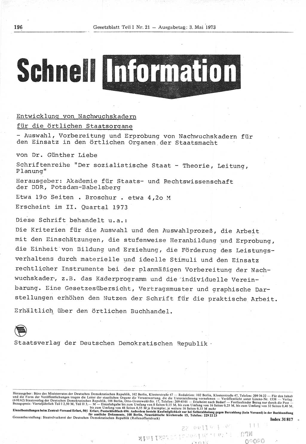 Gesetzblatt (GBl.) der Deutschen Demokratischen Republik (DDR) Teil Ⅰ 1973, Seite 196 (GBl. DDR Ⅰ 1973, S. 196)