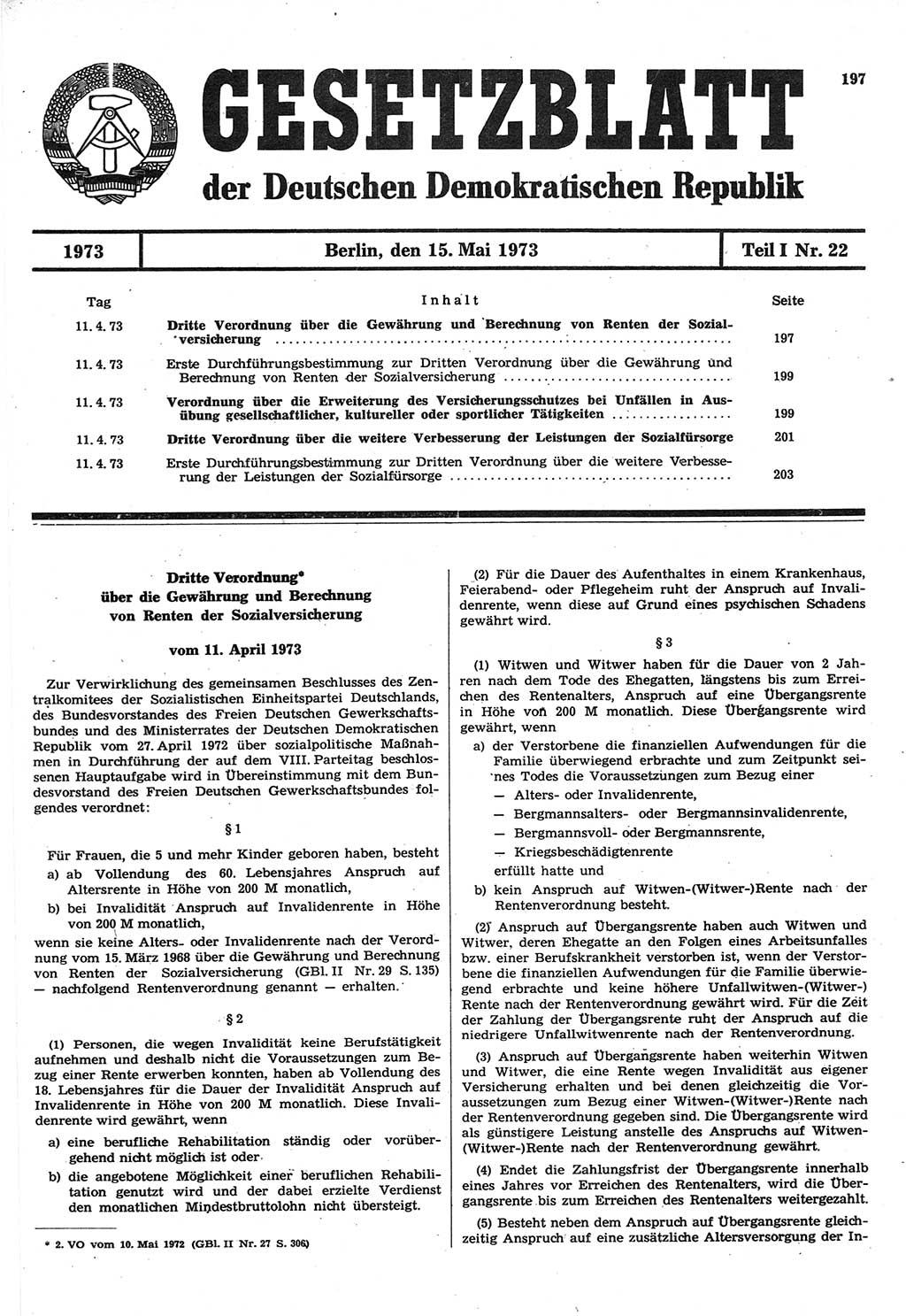 Gesetzblatt (GBl.) der Deutschen Demokratischen Republik (DDR) Teil Ⅰ 1973, Seite 197 (GBl. DDR Ⅰ 1973, S. 197)