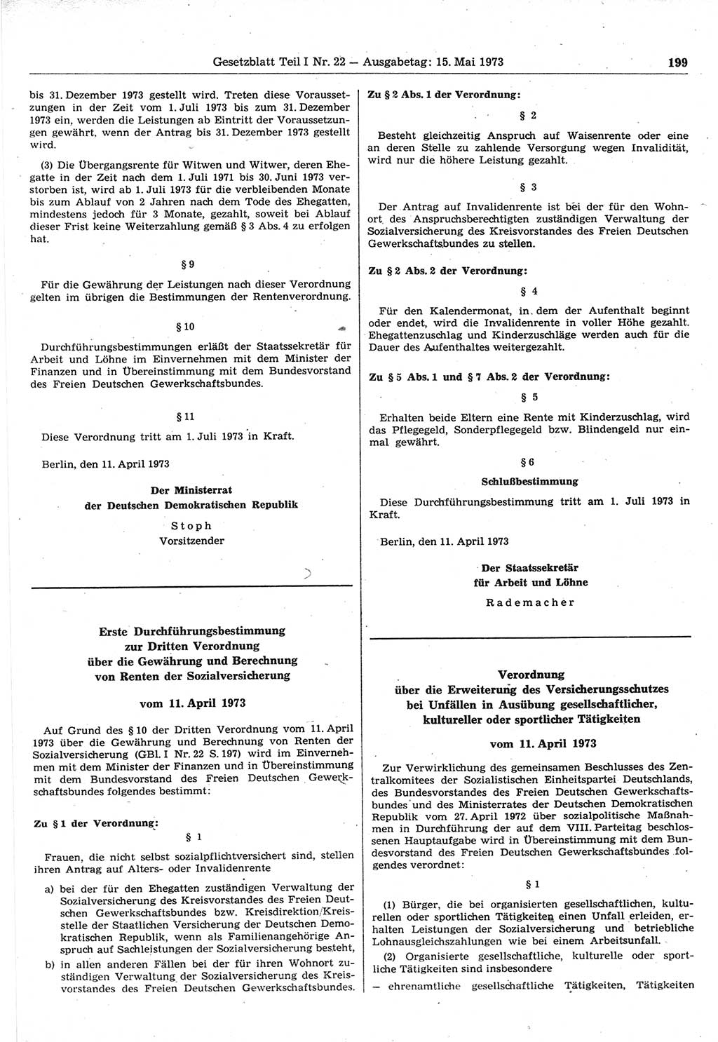 Gesetzblatt (GBl.) der Deutschen Demokratischen Republik (DDR) Teil Ⅰ 1973, Seite 199 (GBl. DDR Ⅰ 1973, S. 199)