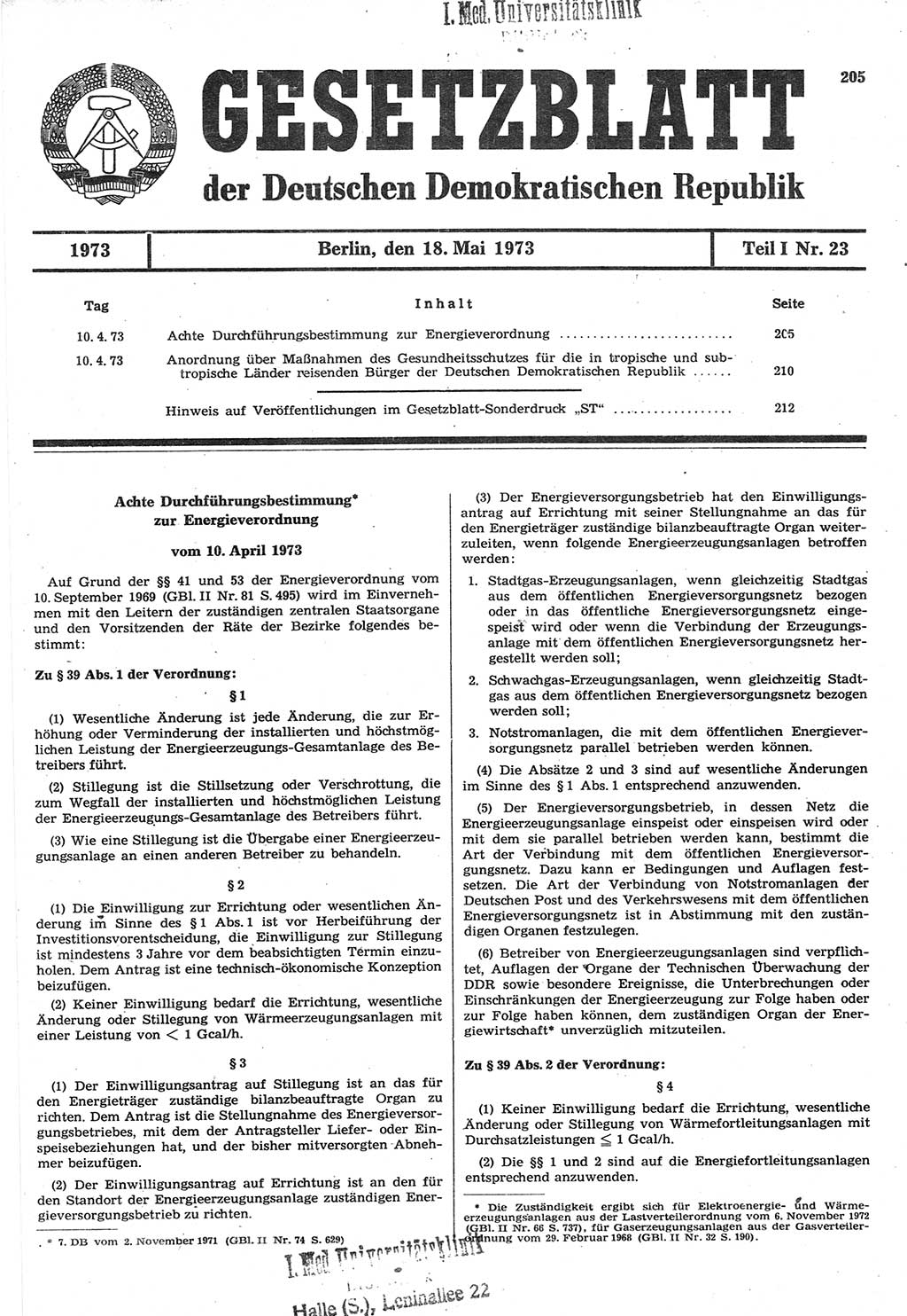 Gesetzblatt (GBl.) der Deutschen Demokratischen Republik (DDR) Teil Ⅰ 1973, Seite 205 (GBl. DDR Ⅰ 1973, S. 205)