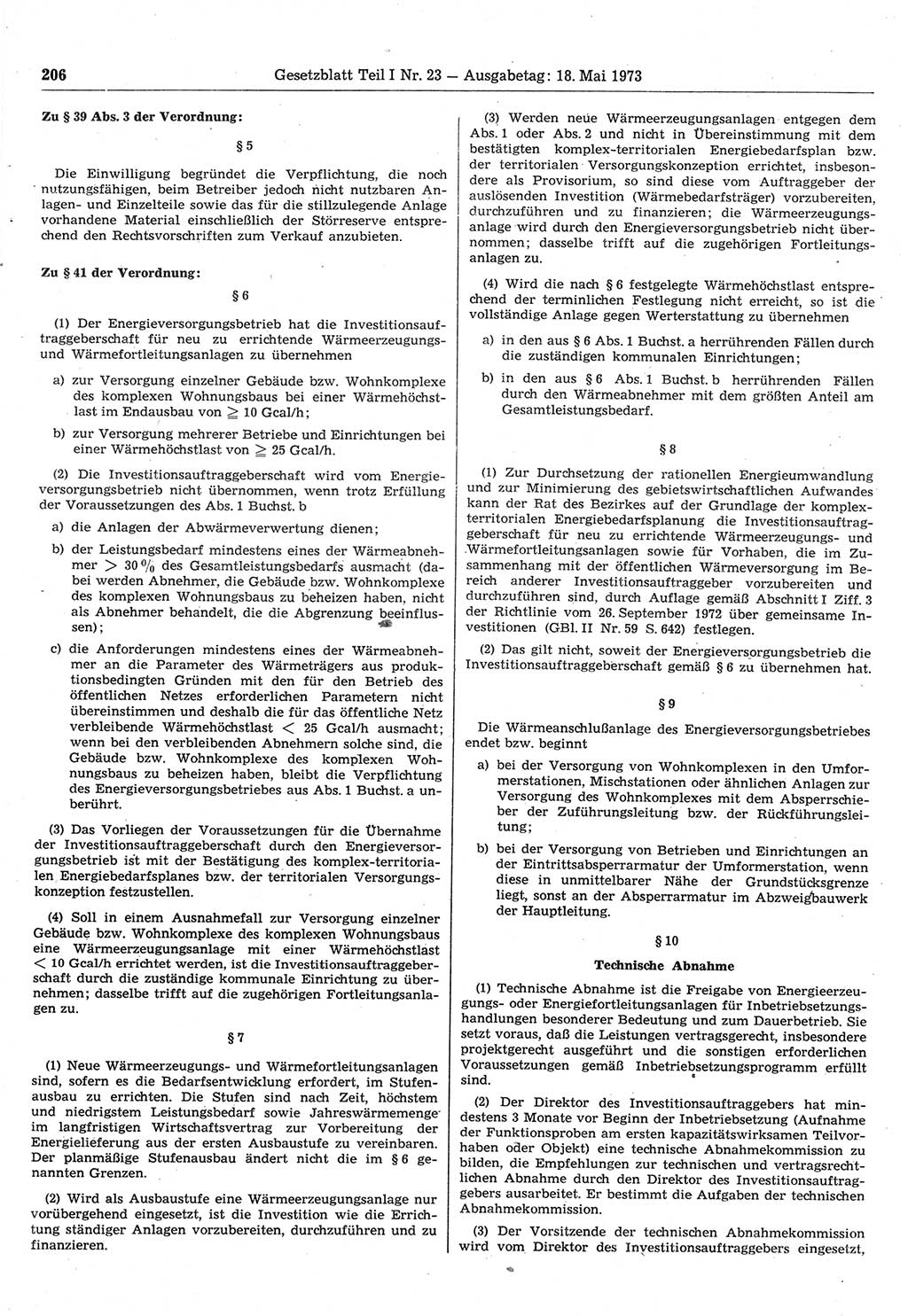 Gesetzblatt (GBl.) der Deutschen Demokratischen Republik (DDR) Teil Ⅰ 1973, Seite 206 (GBl. DDR Ⅰ 1973, S. 206)