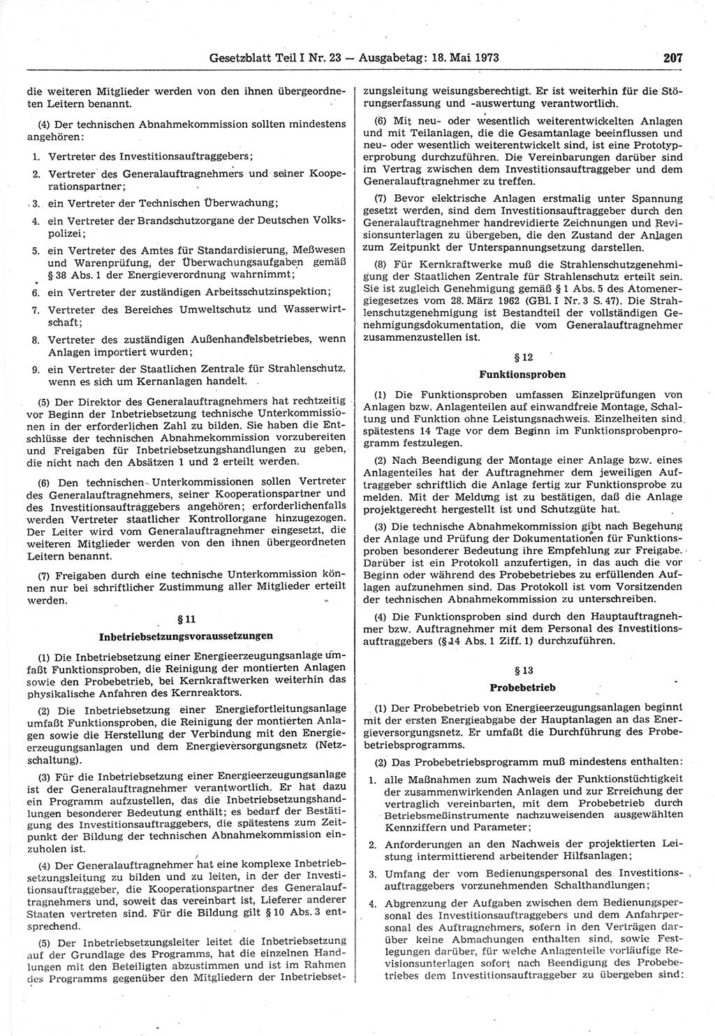 Gesetzblatt (GBl.) der Deutschen Demokratischen Republik (DDR) Teil Ⅰ 1973, Seite 207 (GBl. DDR Ⅰ 1973, S. 207)
