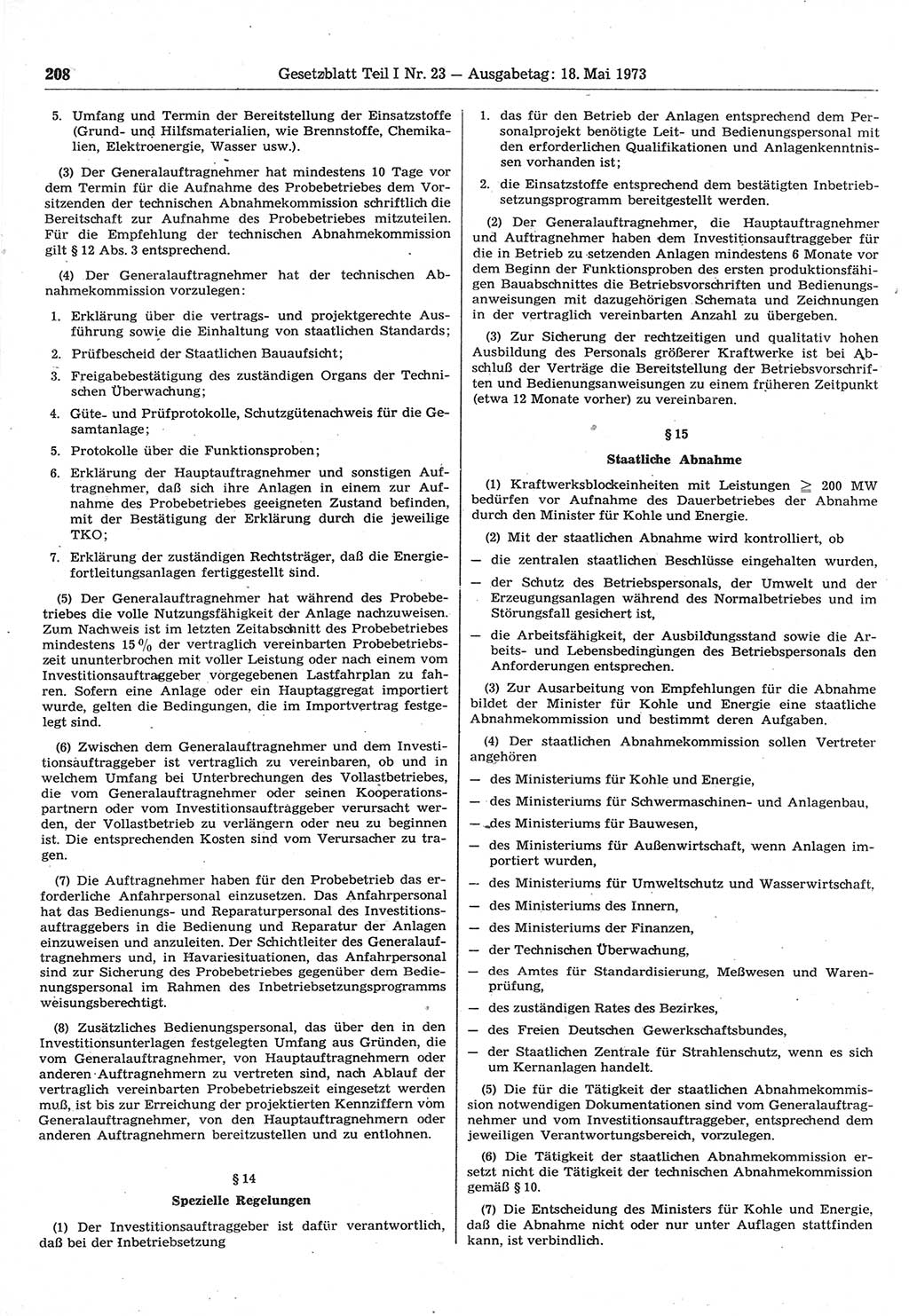 Gesetzblatt (GBl.) der Deutschen Demokratischen Republik (DDR) Teil Ⅰ 1973, Seite 208 (GBl. DDR Ⅰ 1973, S. 208)