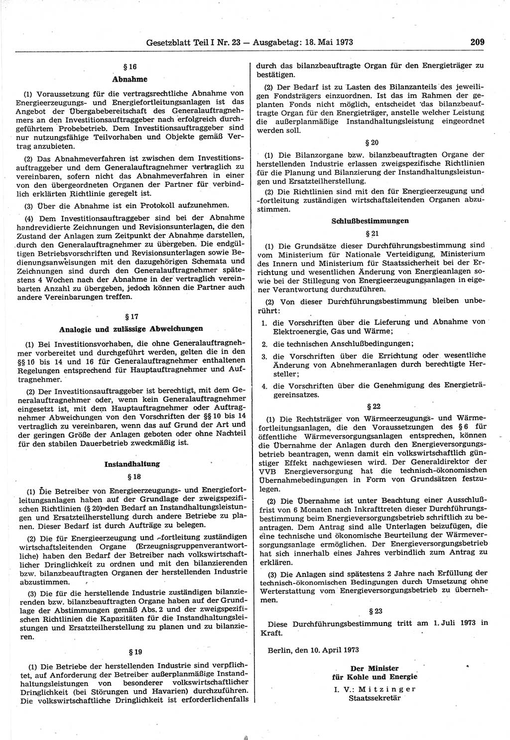 Gesetzblatt (GBl.) der Deutschen Demokratischen Republik (DDR) Teil Ⅰ 1973, Seite 209 (GBl. DDR Ⅰ 1973, S. 209)
