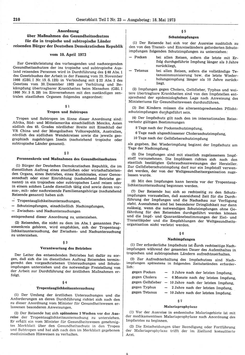 Gesetzblatt (GBl.) der Deutschen Demokratischen Republik (DDR) Teil Ⅰ 1973, Seite 210 (GBl. DDR Ⅰ 1973, S. 210)