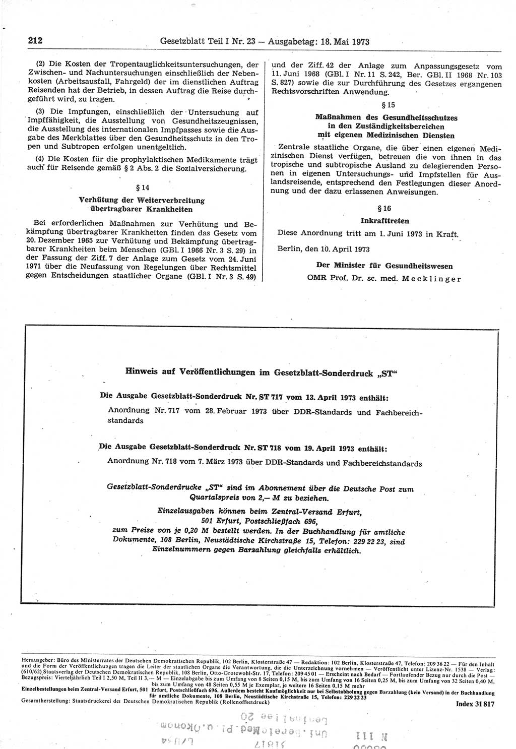 Gesetzblatt (GBl.) der Deutschen Demokratischen Republik (DDR) Teil Ⅰ 1973, Seite 212 (GBl. DDR Ⅰ 1973, S. 212)