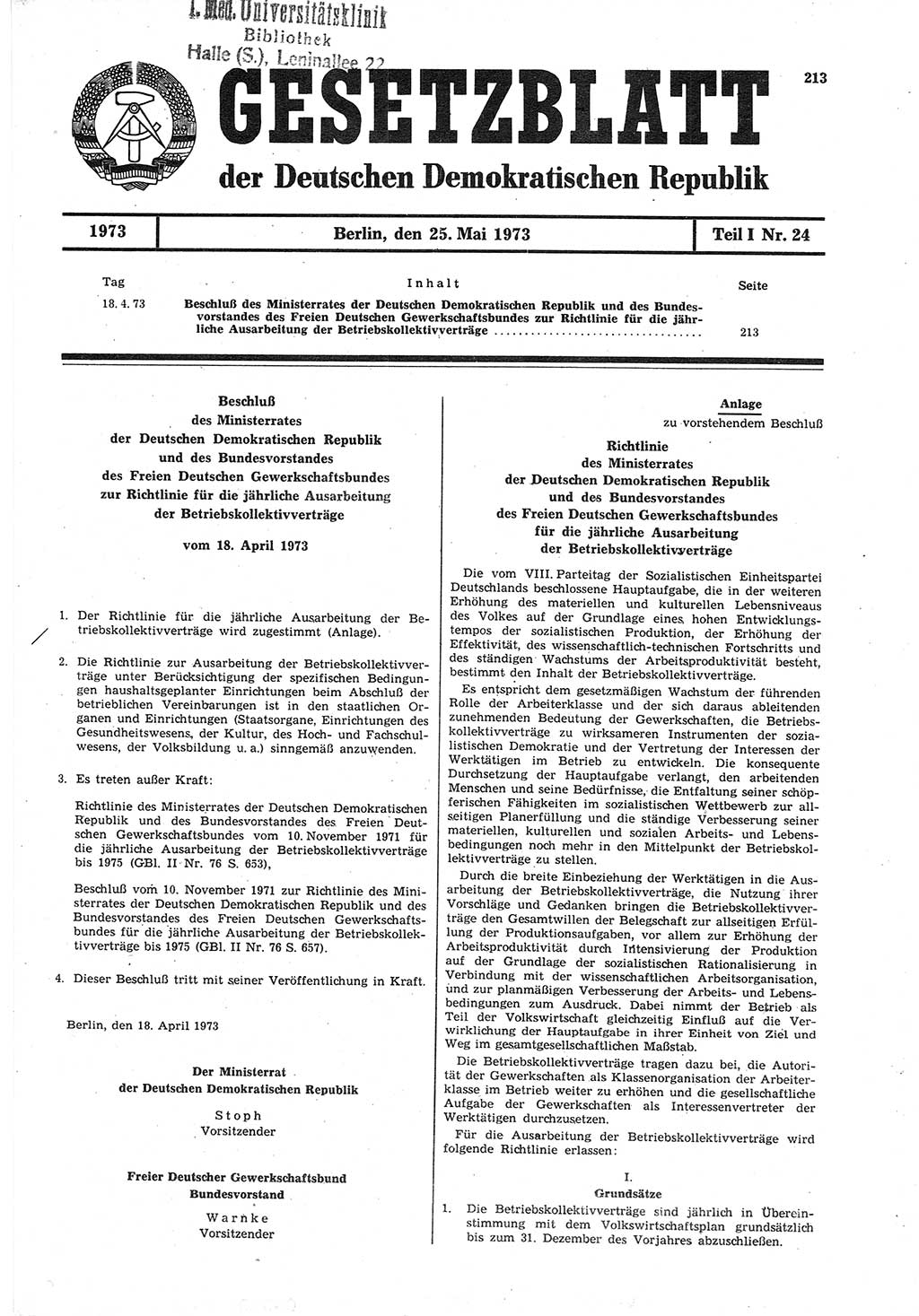Gesetzblatt (GBl.) der Deutschen Demokratischen Republik (DDR) Teil Ⅰ 1973, Seite 213 (GBl. DDR Ⅰ 1973, S. 213)