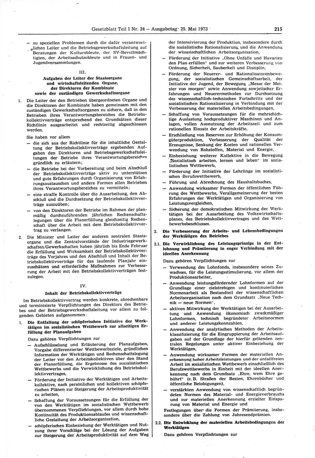 Gesetzblatt (GBl.) der Deutschen Demokratischen Republik (DDR) Teil Ⅰ 1973, Seite 215 (GBl. DDR Ⅰ 1973, S. 215)