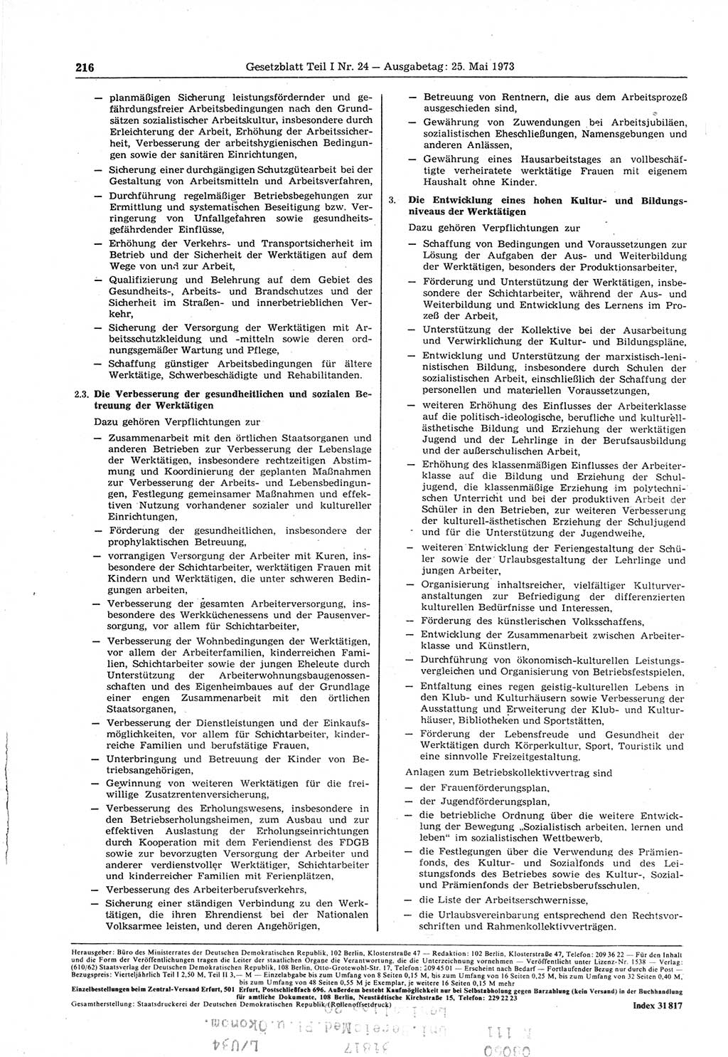 Gesetzblatt (GBl.) der Deutschen Demokratischen Republik (DDR) Teil Ⅰ 1973, Seite 216 (GBl. DDR Ⅰ 1973, S. 216)