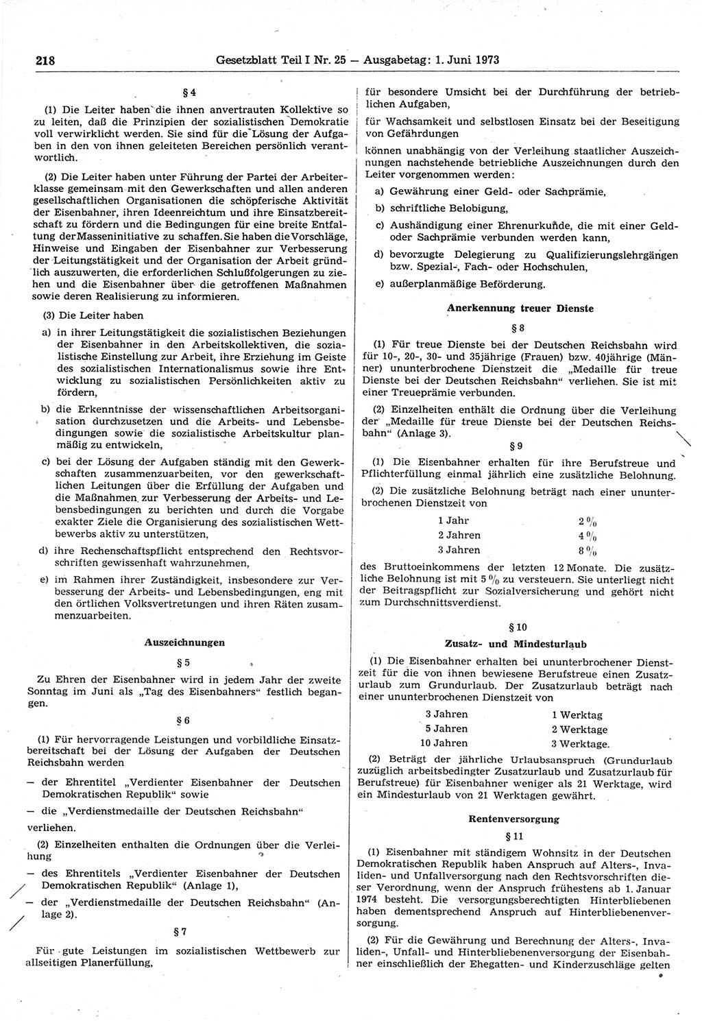 Gesetzblatt (GBl.) der Deutschen Demokratischen Republik (DDR) Teil Ⅰ 1973, Seite 218 (GBl. DDR Ⅰ 1973, S. 218)