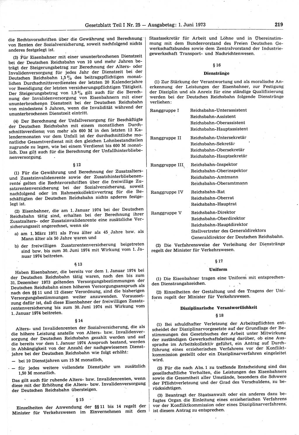 Gesetzblatt (GBl.) der Deutschen Demokratischen Republik (DDR) Teil Ⅰ 1973, Seite 219 (GBl. DDR Ⅰ 1973, S. 219)