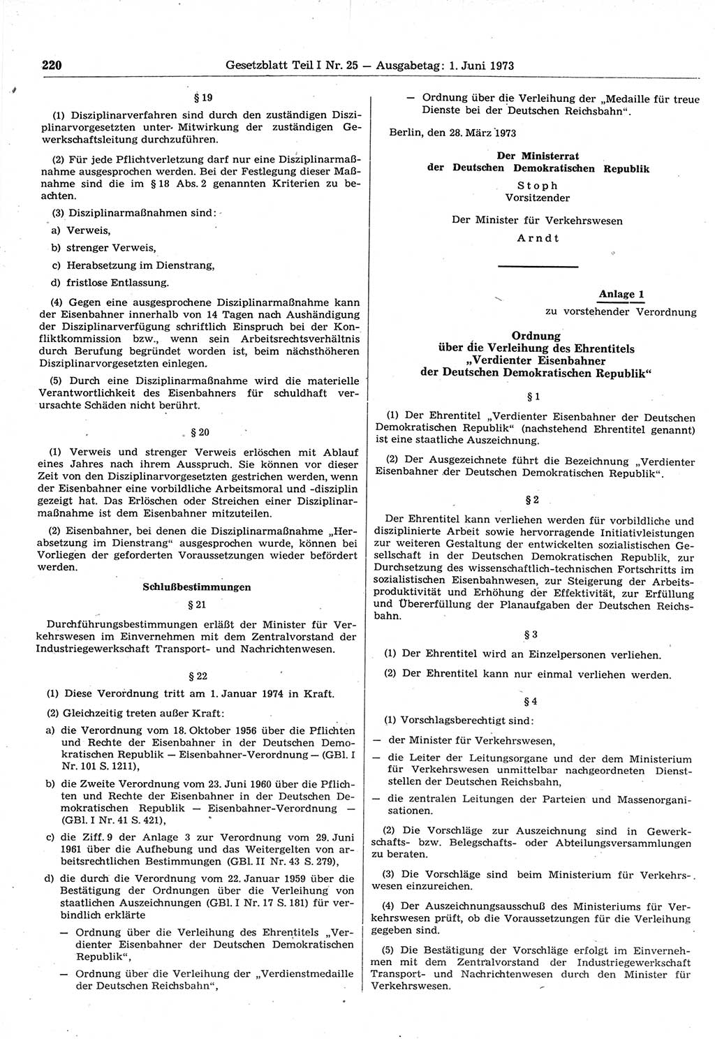 Gesetzblatt (GBl.) der Deutschen Demokratischen Republik (DDR) Teil Ⅰ 1973, Seite 220 (GBl. DDR Ⅰ 1973, S. 220)