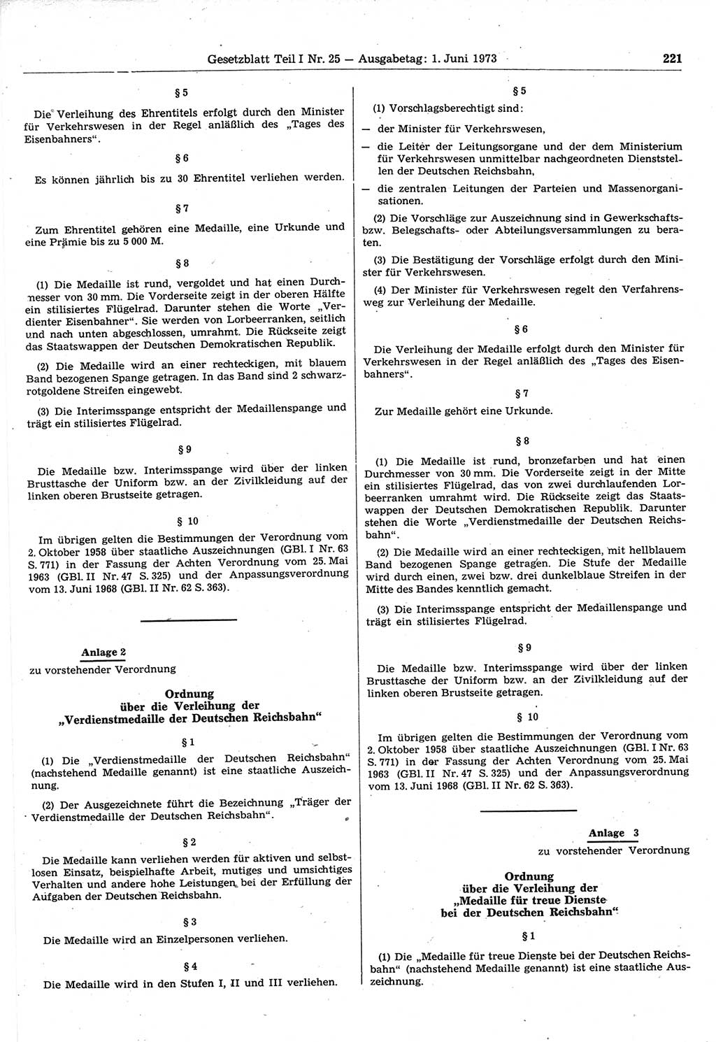 Gesetzblatt (GBl.) der Deutschen Demokratischen Republik (DDR) Teil Ⅰ 1973, Seite 221 (GBl. DDR Ⅰ 1973, S. 221)