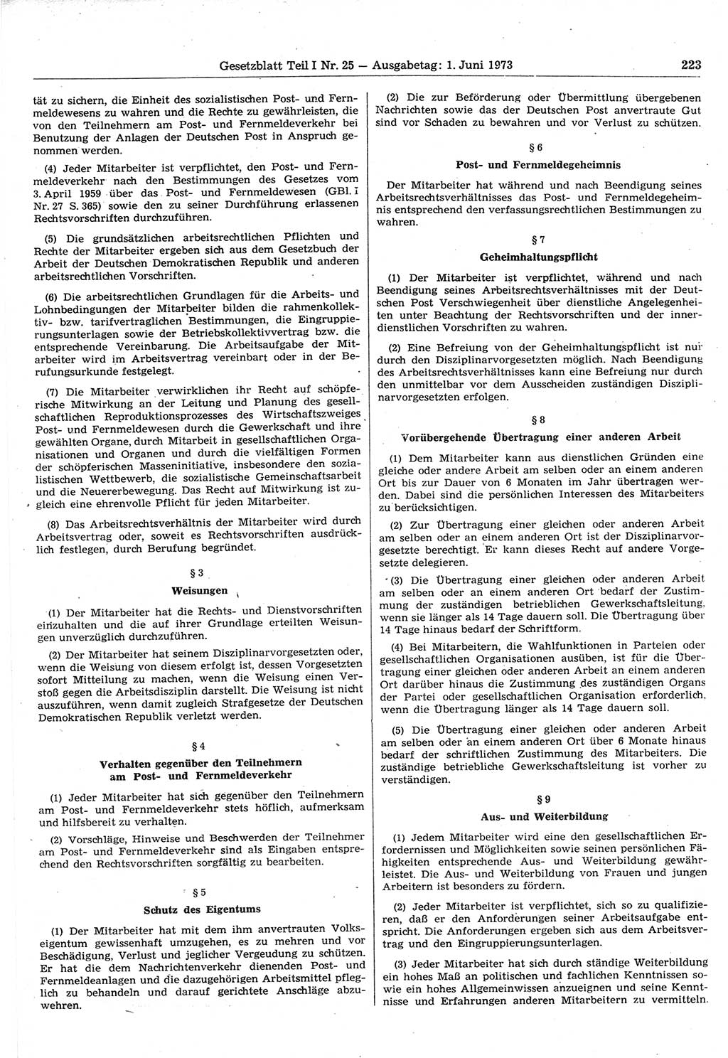 Gesetzblatt (GBl.) der Deutschen Demokratischen Republik (DDR) Teil Ⅰ 1973, Seite 223 (GBl. DDR Ⅰ 1973, S. 223)