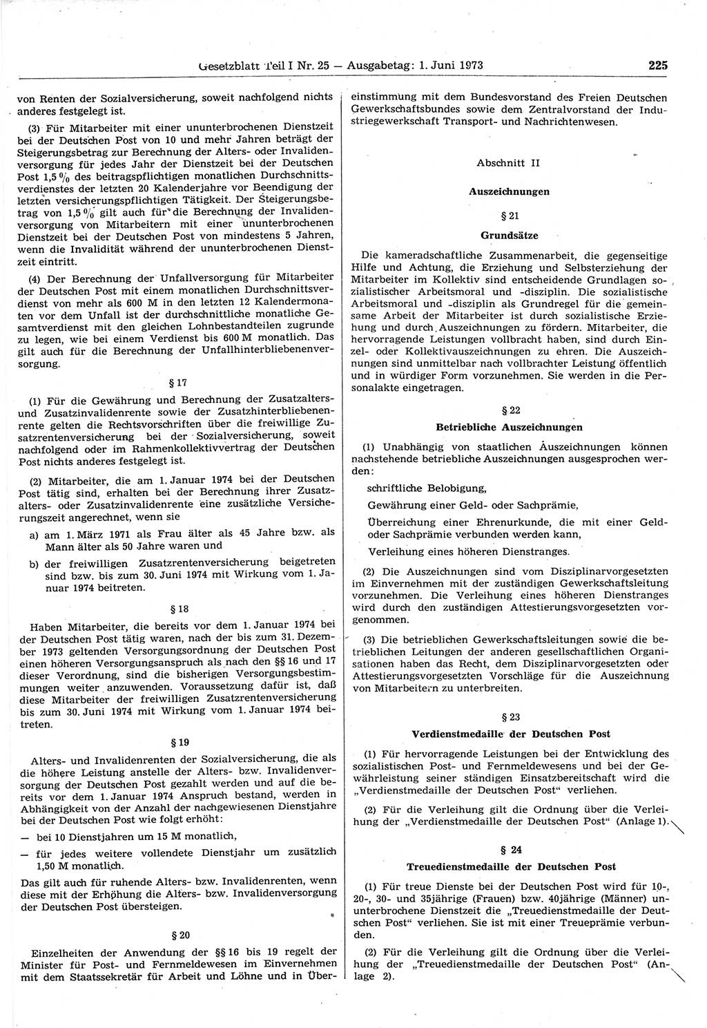 Gesetzblatt (GBl.) der Deutschen Demokratischen Republik (DDR) Teil Ⅰ 1973, Seite 225 (GBl. DDR Ⅰ 1973, S. 225)