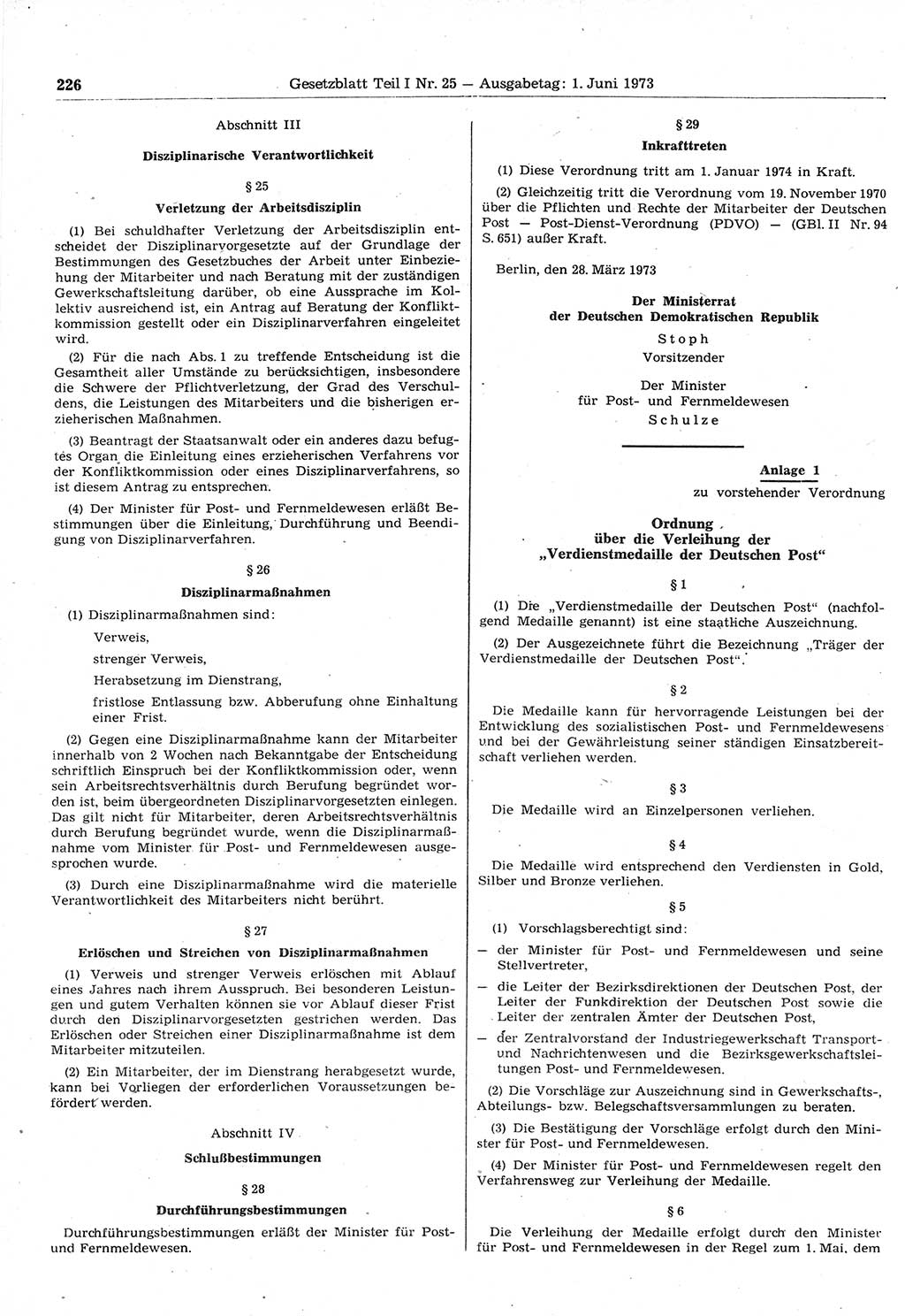 Gesetzblatt (GBl.) der Deutschen Demokratischen Republik (DDR) Teil Ⅰ 1973, Seite 226 (GBl. DDR Ⅰ 1973, S. 226)