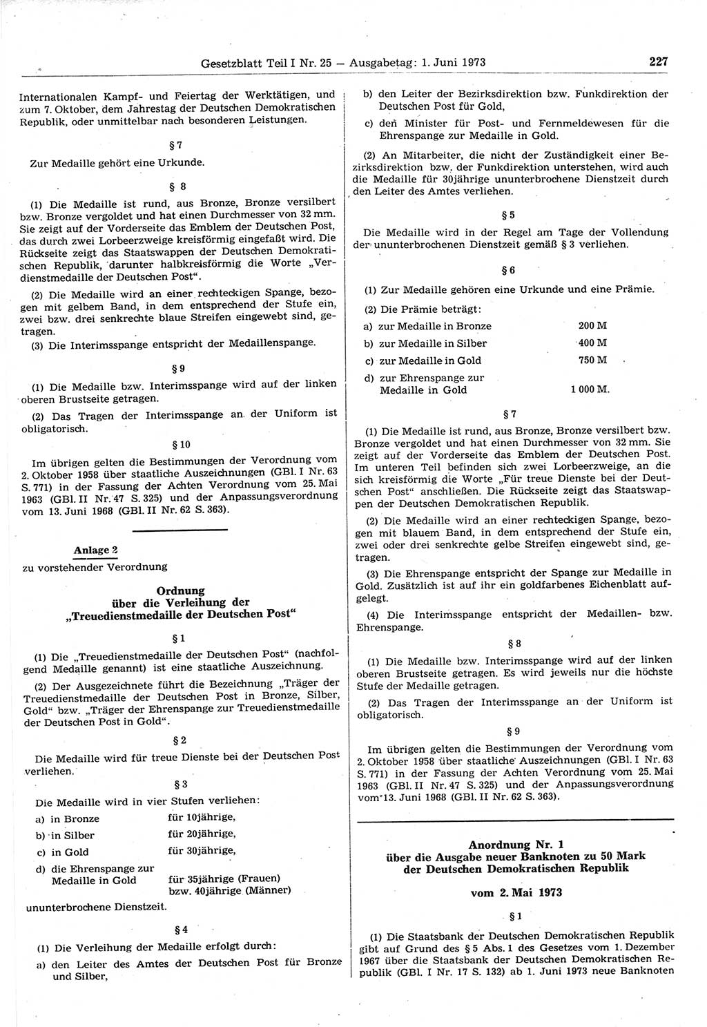 Gesetzblatt (GBl.) der Deutschen Demokratischen Republik (DDR) Teil Ⅰ 1973, Seite 227 (GBl. DDR Ⅰ 1973, S. 227)