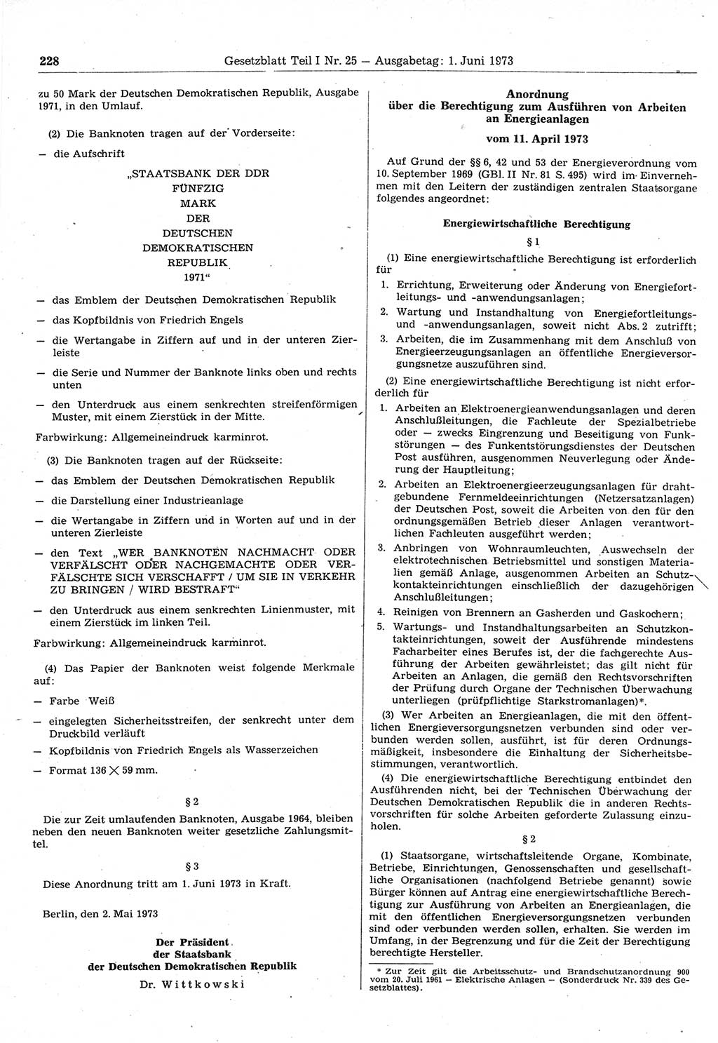 Gesetzblatt (GBl.) der Deutschen Demokratischen Republik (DDR) Teil Ⅰ 1973, Seite 228 (GBl. DDR Ⅰ 1973, S. 228)