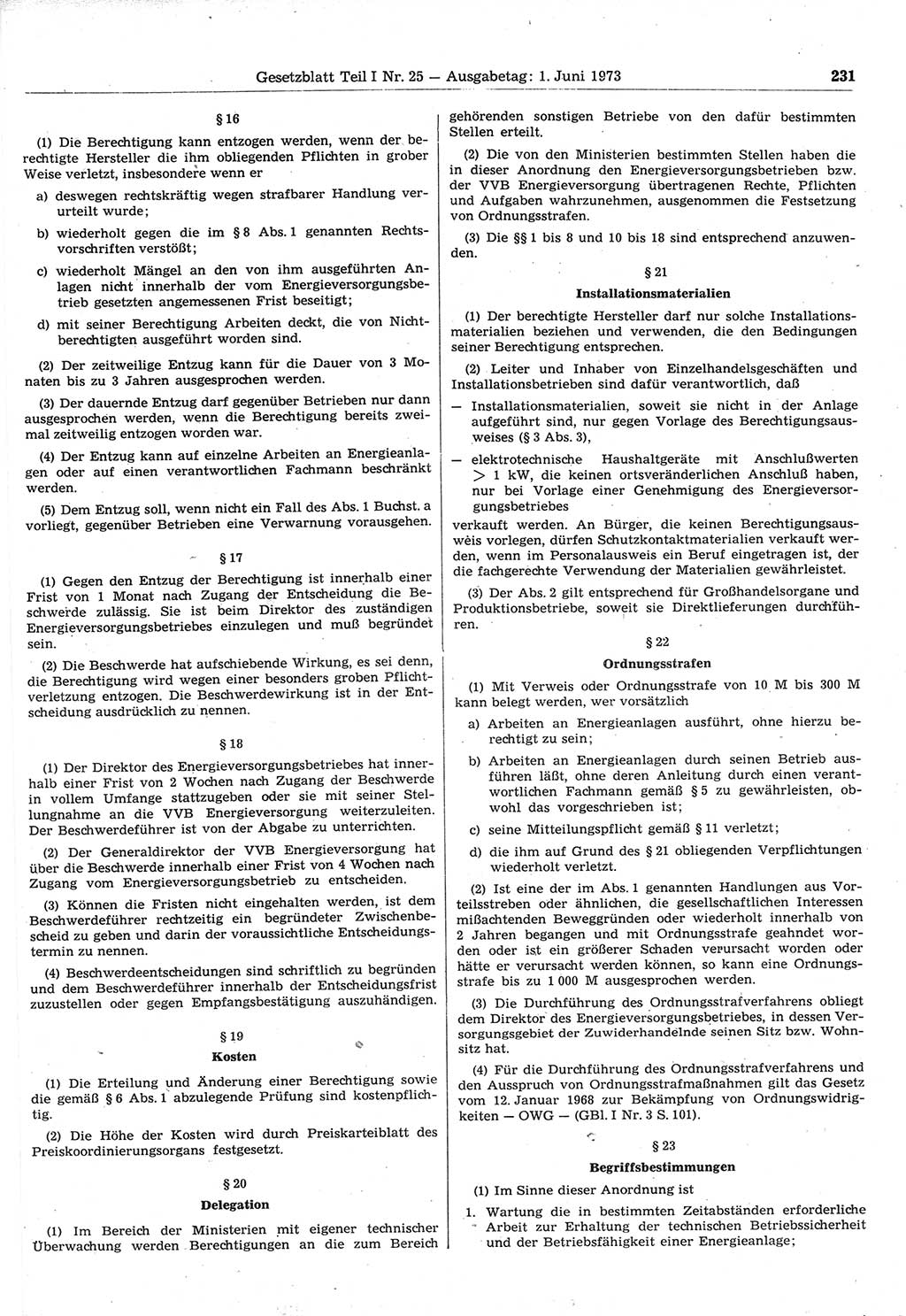 Gesetzblatt (GBl.) der Deutschen Demokratischen Republik (DDR) Teil Ⅰ 1973, Seite 231 (GBl. DDR Ⅰ 1973, S. 231)