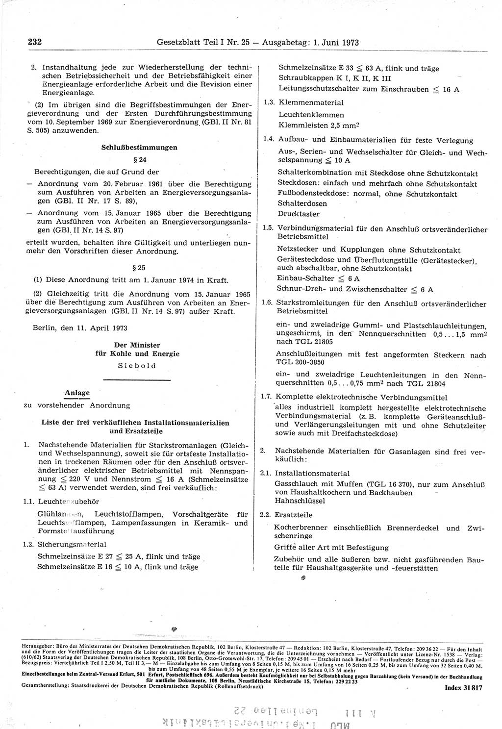 Gesetzblatt (GBl.) der Deutschen Demokratischen Republik (DDR) Teil Ⅰ 1973, Seite 232 (GBl. DDR Ⅰ 1973, S. 232)