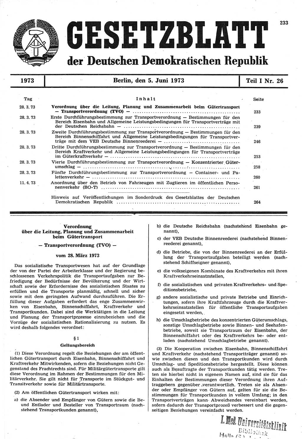 Gesetzblatt (GBl.) der Deutschen Demokratischen Republik (DDR) Teil Ⅰ 1973, Seite 233 (GBl. DDR Ⅰ 1973, S. 233)