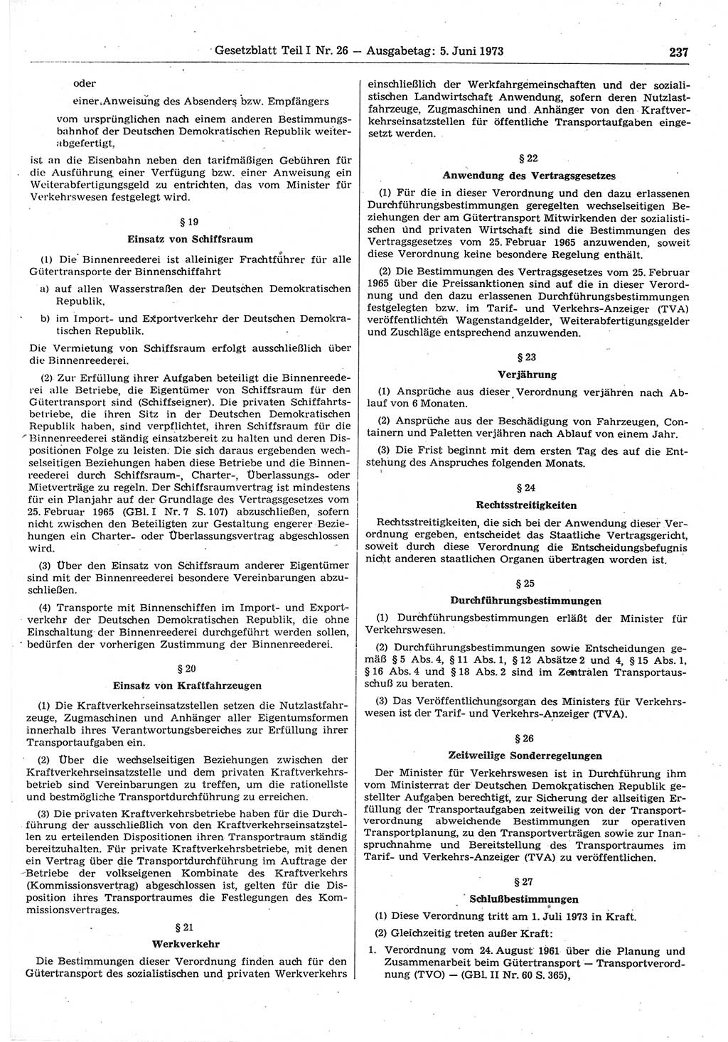 Gesetzblatt (GBl.) der Deutschen Demokratischen Republik (DDR) Teil Ⅰ 1973, Seite 237 (GBl. DDR Ⅰ 1973, S. 237)