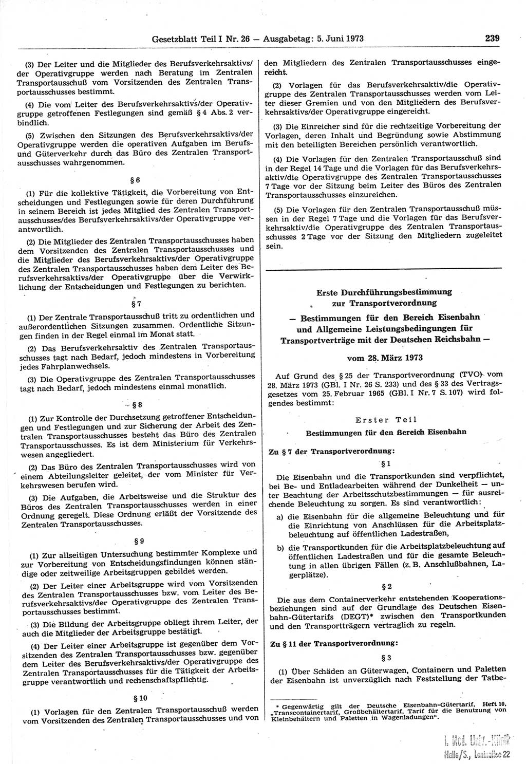 Gesetzblatt (GBl.) der Deutschen Demokratischen Republik (DDR) Teil Ⅰ 1973, Seite 239 (GBl. DDR Ⅰ 1973, S. 239)