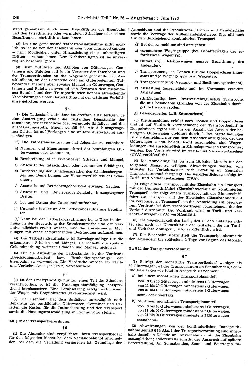 Gesetzblatt (GBl.) der Deutschen Demokratischen Republik (DDR) Teil Ⅰ 1973, Seite 240 (GBl. DDR Ⅰ 1973, S. 240)