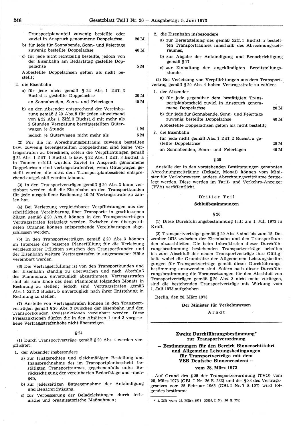 Gesetzblatt (GBl.) der Deutschen Demokratischen Republik (DDR) Teil Ⅰ 1973, Seite 246 (GBl. DDR Ⅰ 1973, S. 246)