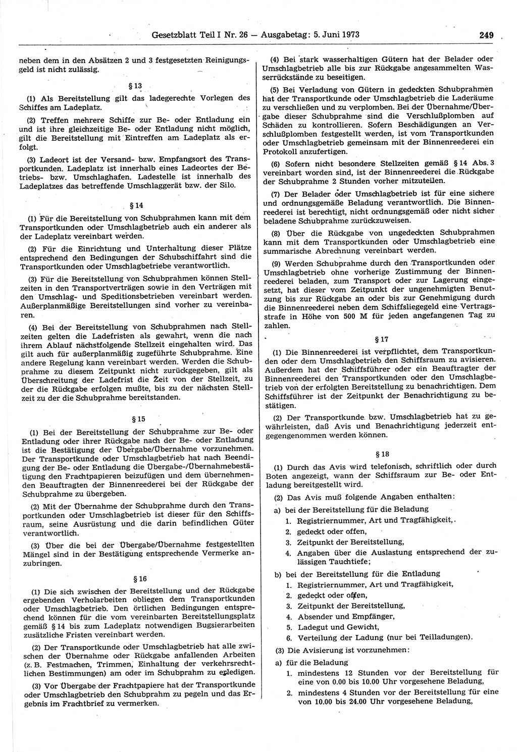 Gesetzblatt (GBl.) der Deutschen Demokratischen Republik (DDR) Teil Ⅰ 1973, Seite 249 (GBl. DDR Ⅰ 1973, S. 249)