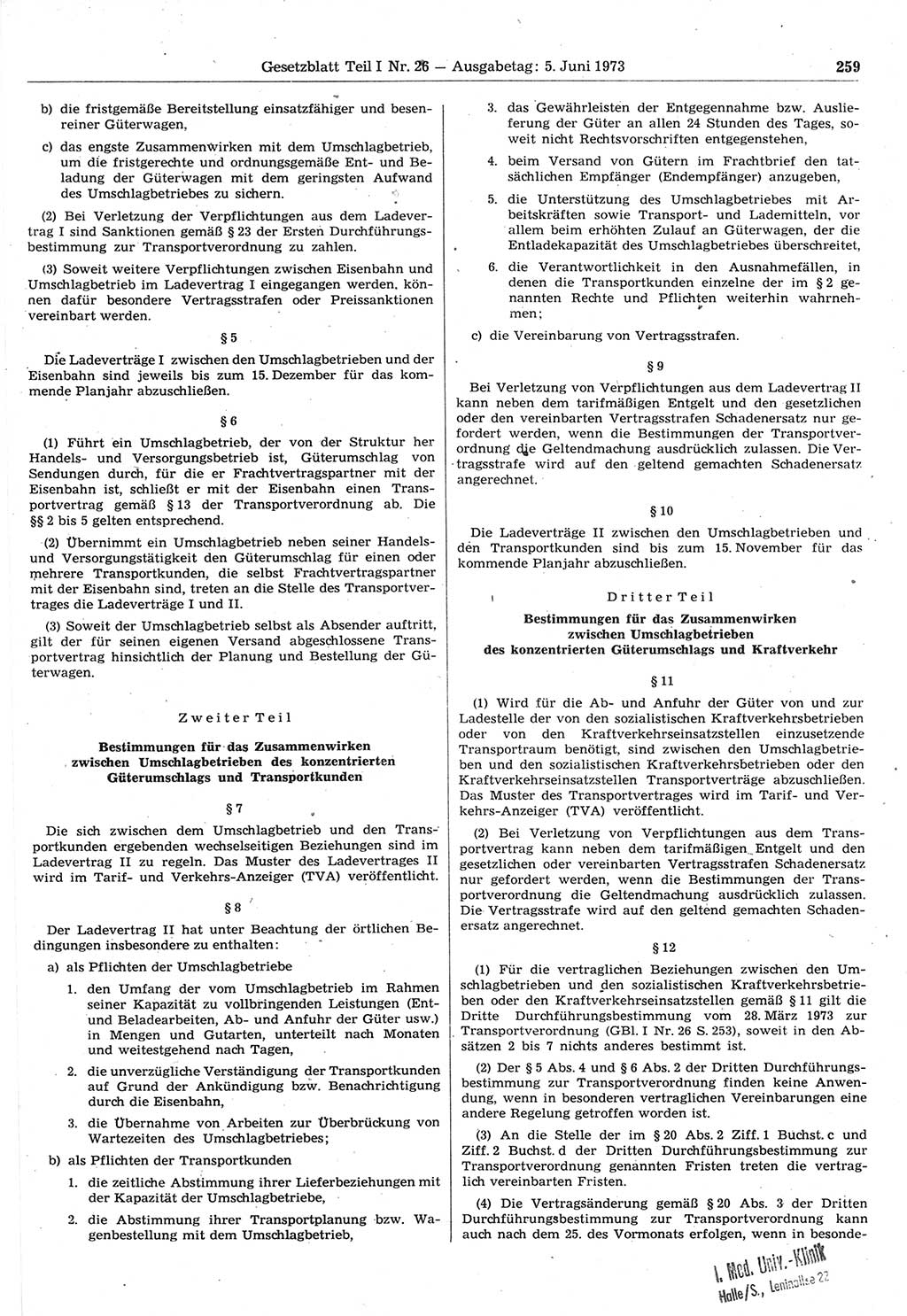 Gesetzblatt (GBl.) der Deutschen Demokratischen Republik (DDR) Teil Ⅰ 1973, Seite 259 (GBl. DDR Ⅰ 1973, S. 259)