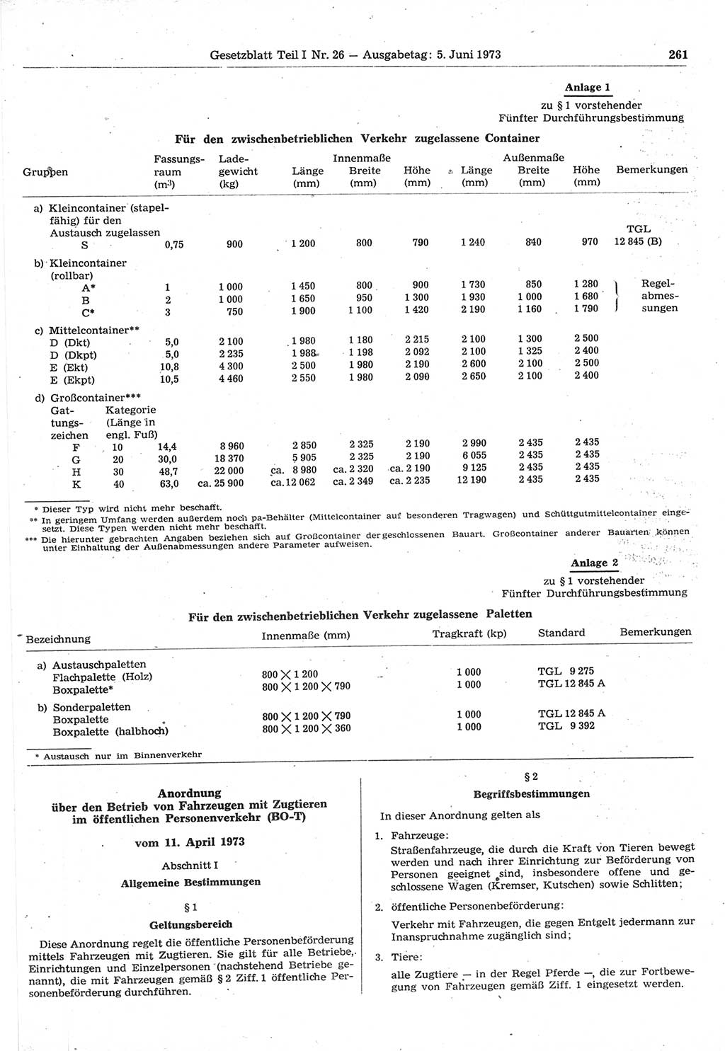 Gesetzblatt (GBl.) der Deutschen Demokratischen Republik (DDR) Teil Ⅰ 1973, Seite 261 (GBl. DDR Ⅰ 1973, S. 261)