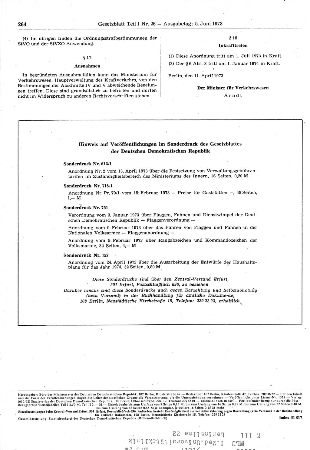 Gesetzblatt (GBl.) der Deutschen Demokratischen Republik (DDR) Teil Ⅰ 1973, Seite 264 (GBl. DDR Ⅰ 1973, S. 264)