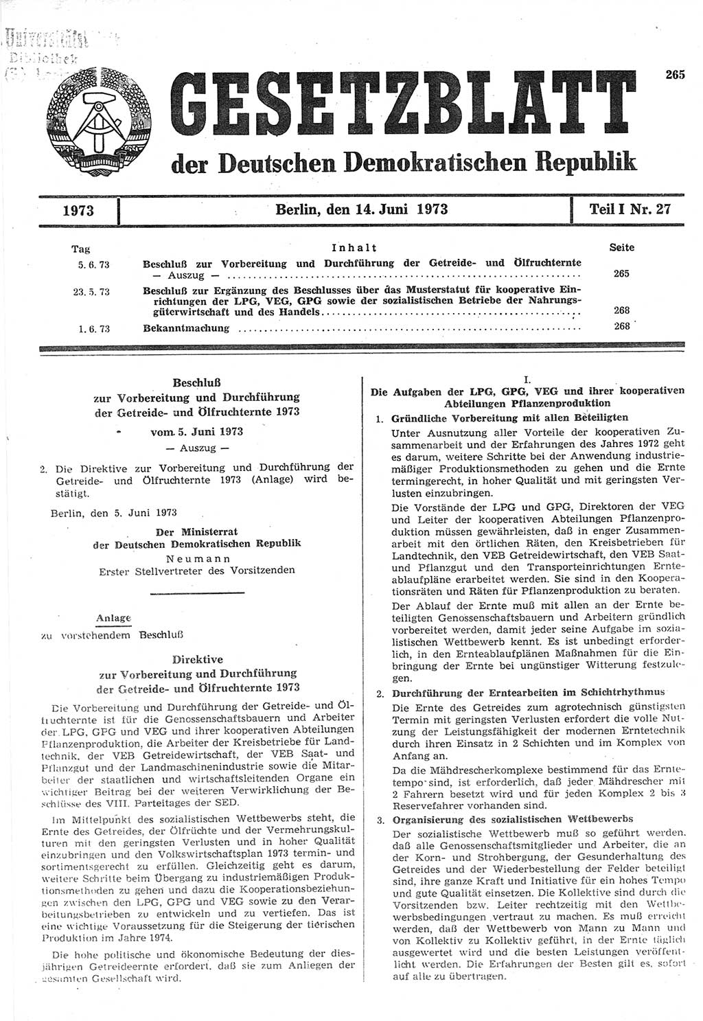 Gesetzblatt (GBl.) der Deutschen Demokratischen Republik (DDR) Teil Ⅰ 1973, Seite 265 (GBl. DDR Ⅰ 1973, S. 265)