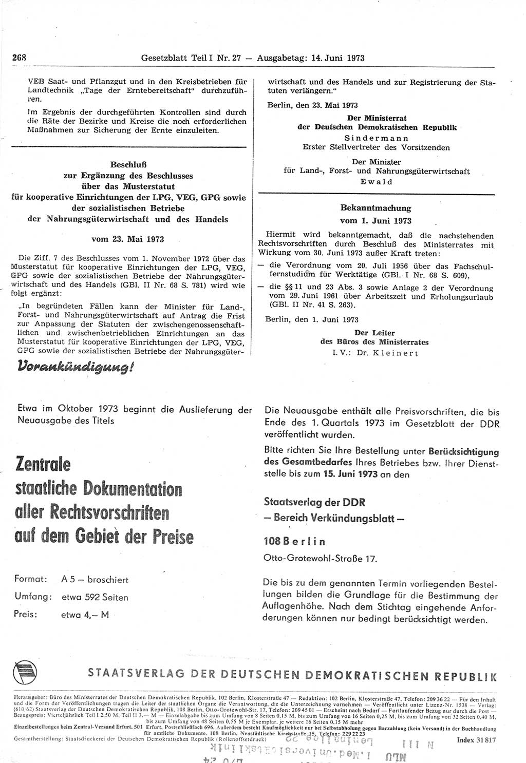 Gesetzblatt (GBl.) der Deutschen Demokratischen Republik (DDR) Teil Ⅰ 1973, Seite 268 (GBl. DDR Ⅰ 1973, S. 268)