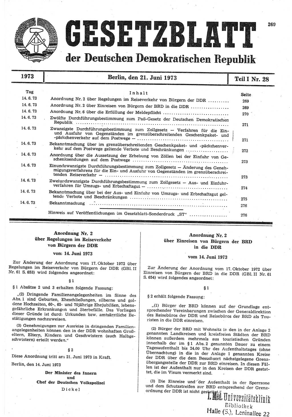 Gesetzblatt (GBl.) der Deutschen Demokratischen Republik (DDR) Teil Ⅰ 1973, Seite 269 (GBl. DDR Ⅰ 1973, S. 269)