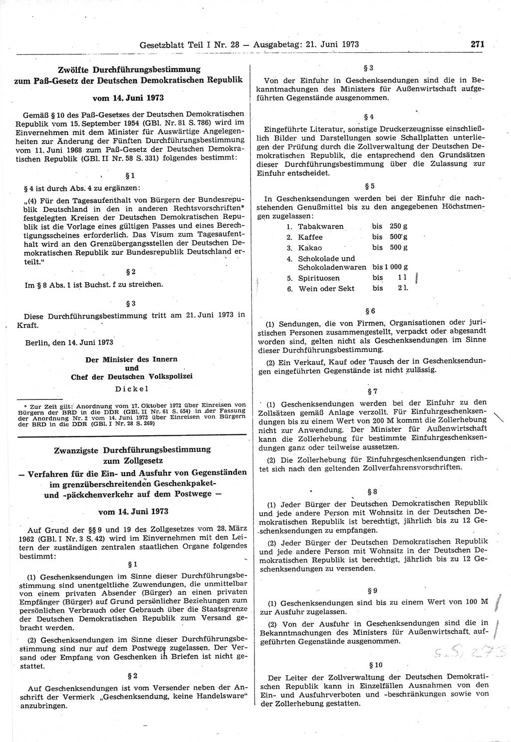 Gesetzblatt (GBl.) der Deutschen Demokratischen Republik (DDR) Teil Ⅰ 1973, Seite 271 (GBl. DDR Ⅰ 1973, S. 271)