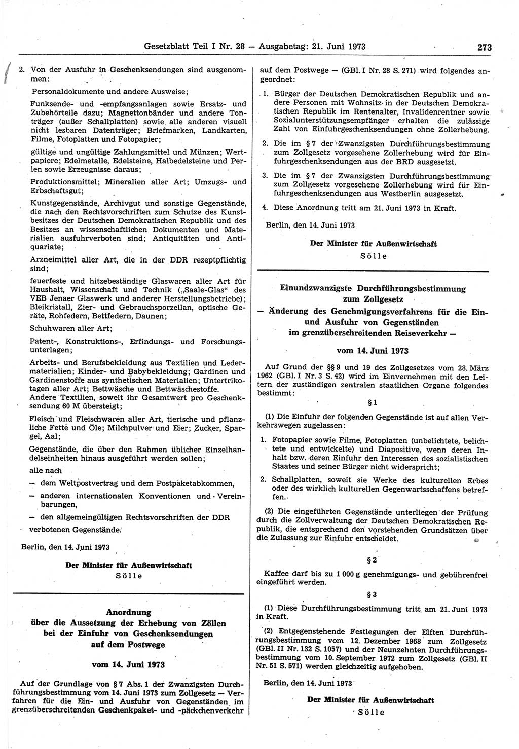 Gesetzblatt (GBl.) der Deutschen Demokratischen Republik (DDR) Teil Ⅰ 1973, Seite 273 (GBl. DDR Ⅰ 1973, S. 273)