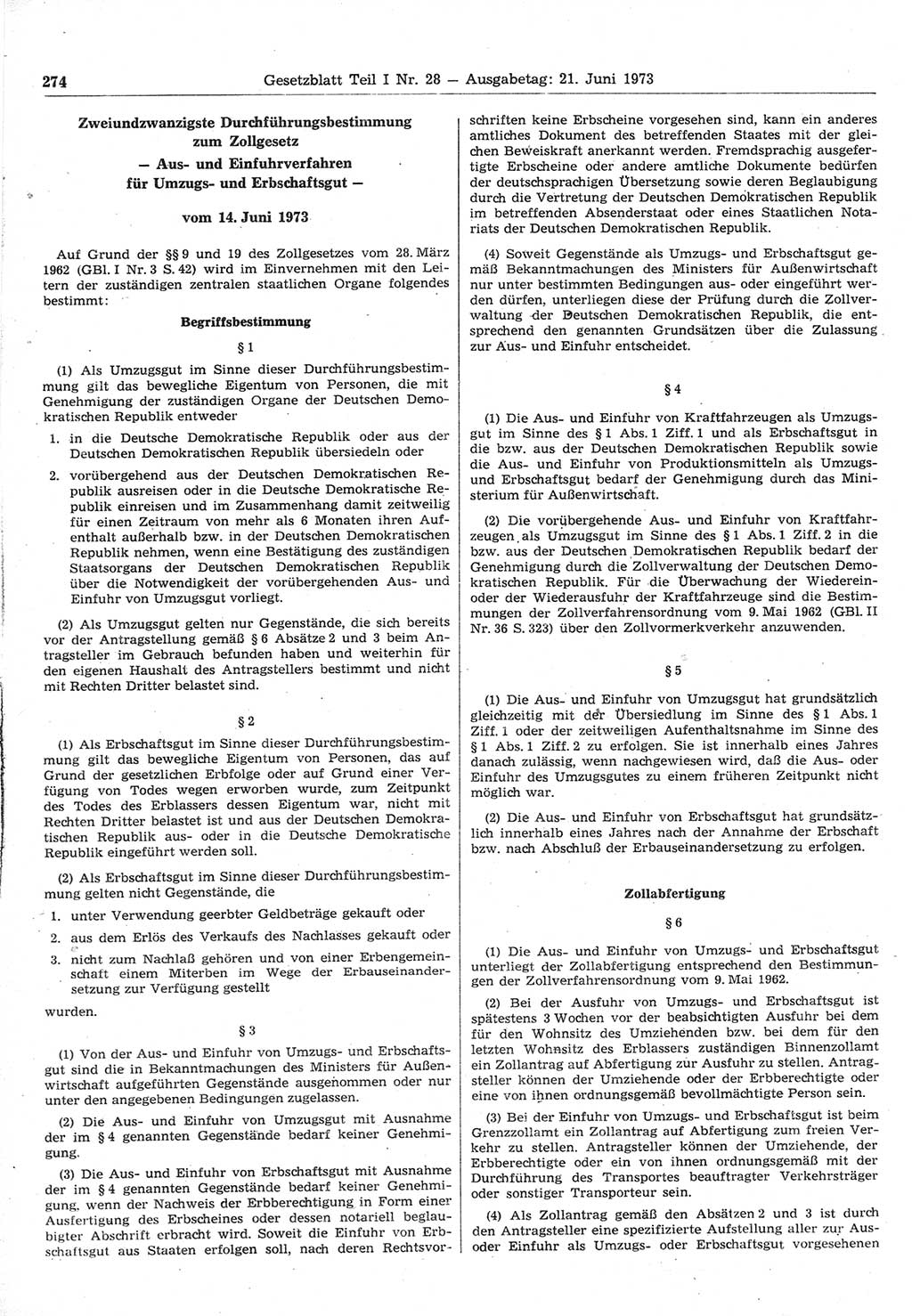 Gesetzblatt (GBl.) der Deutschen Demokratischen Republik (DDR) Teil Ⅰ 1973, Seite 274 (GBl. DDR Ⅰ 1973, S. 274)