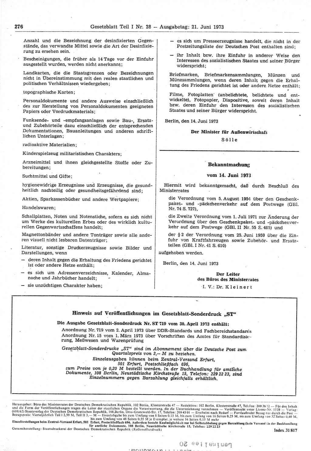 Gesetzblatt (GBl.) der Deutschen Demokratischen Republik (DDR) Teil Ⅰ 1973, Seite 276 (GBl. DDR Ⅰ 1973, S. 276)