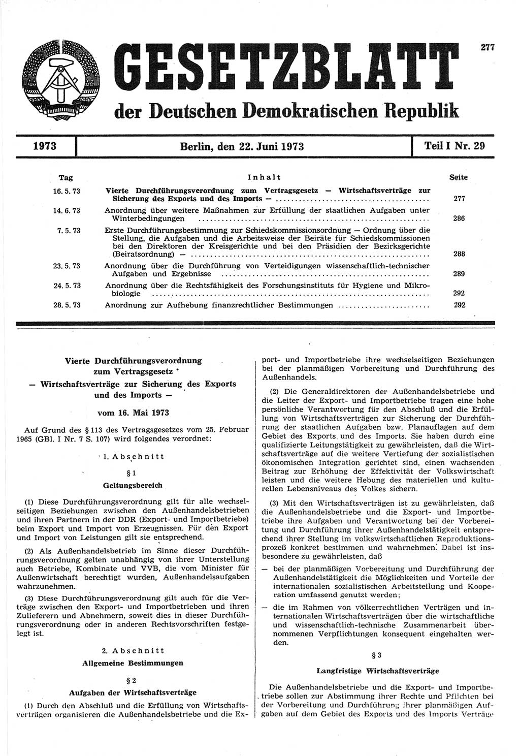 Gesetzblatt (GBl.) der Deutschen Demokratischen Republik (DDR) Teil Ⅰ 1973, Seite 277 (GBl. DDR Ⅰ 1973, S. 277)