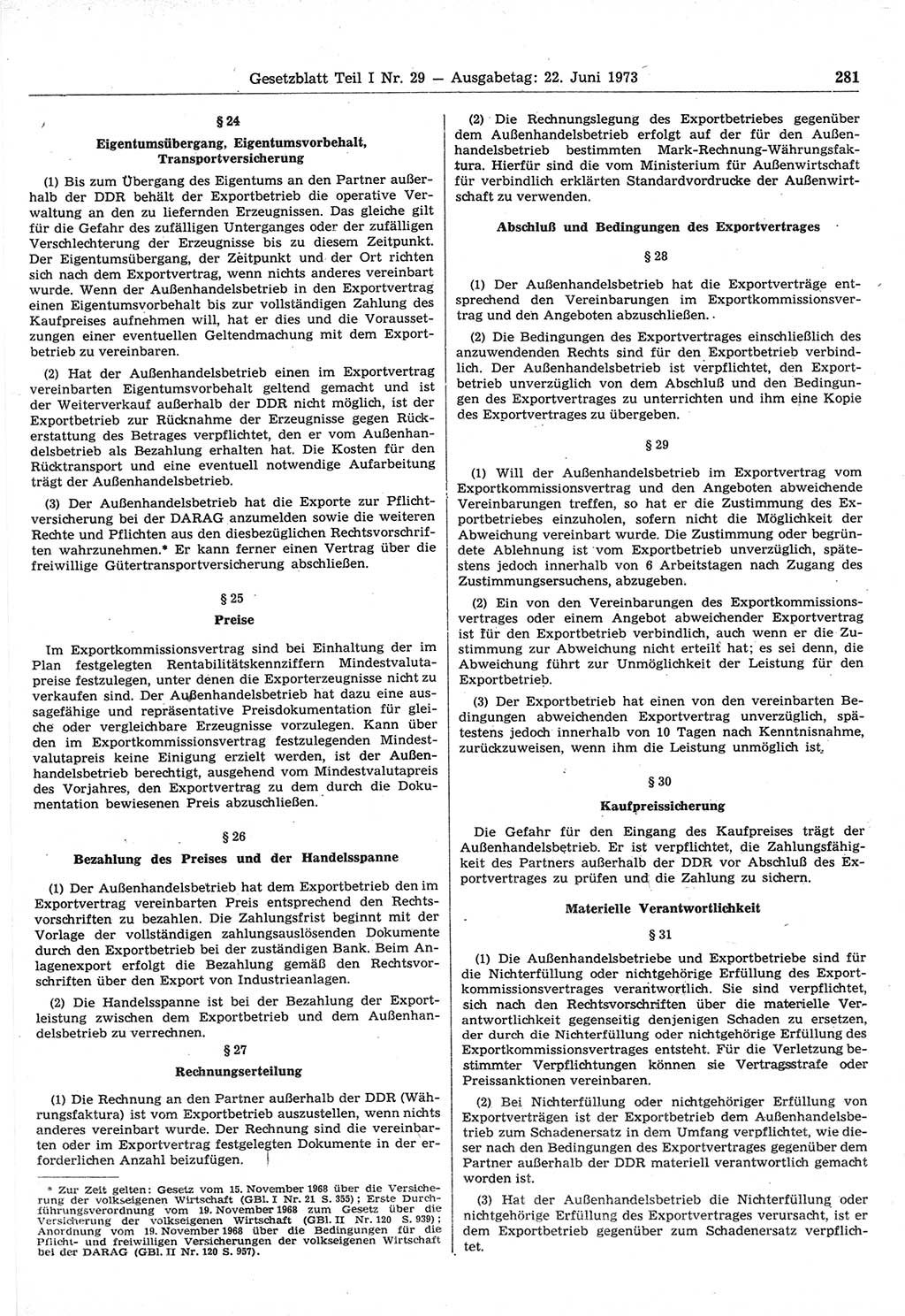 Gesetzblatt (GBl.) der Deutschen Demokratischen Republik (DDR) Teil Ⅰ 1973, Seite 281 (GBl. DDR Ⅰ 1973, S. 281)