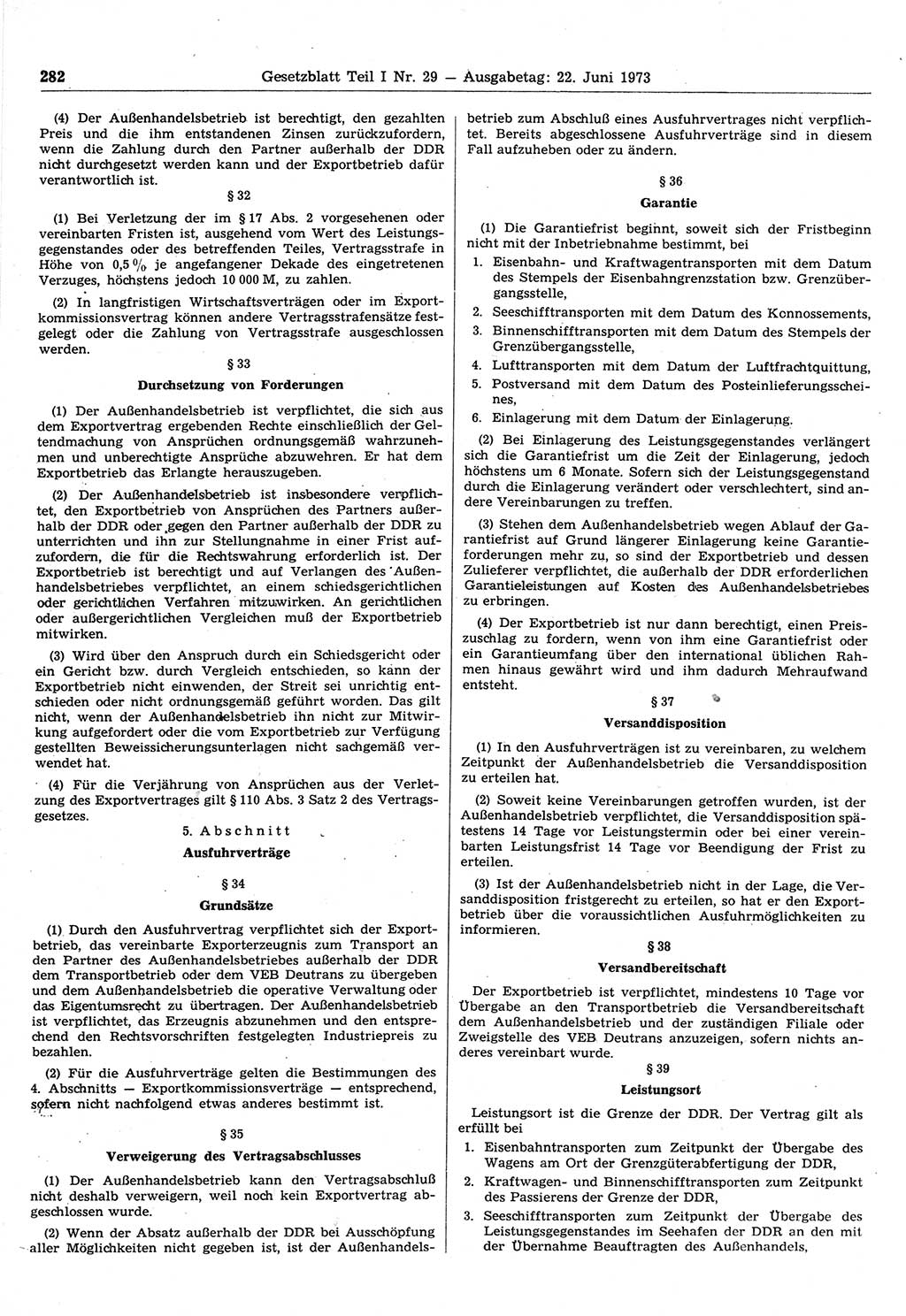 Gesetzblatt (GBl.) der Deutschen Demokratischen Republik (DDR) Teil Ⅰ 1973, Seite 282 (GBl. DDR Ⅰ 1973, S. 282)
