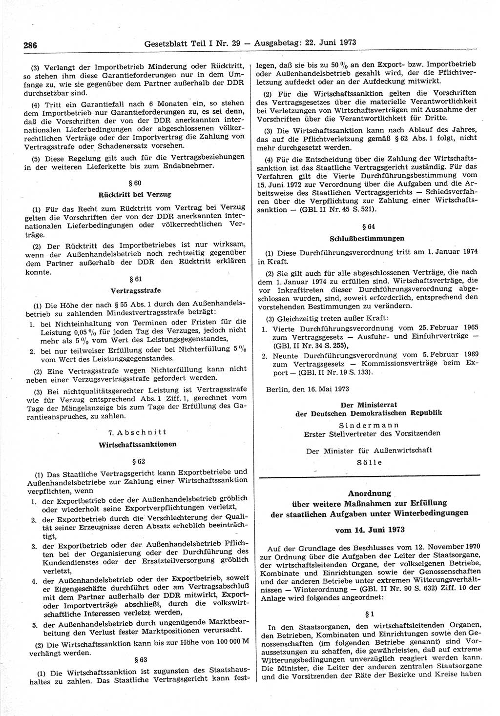 Gesetzblatt (GBl.) der Deutschen Demokratischen Republik (DDR) Teil Ⅰ 1973, Seite 286 (GBl. DDR Ⅰ 1973, S. 286)