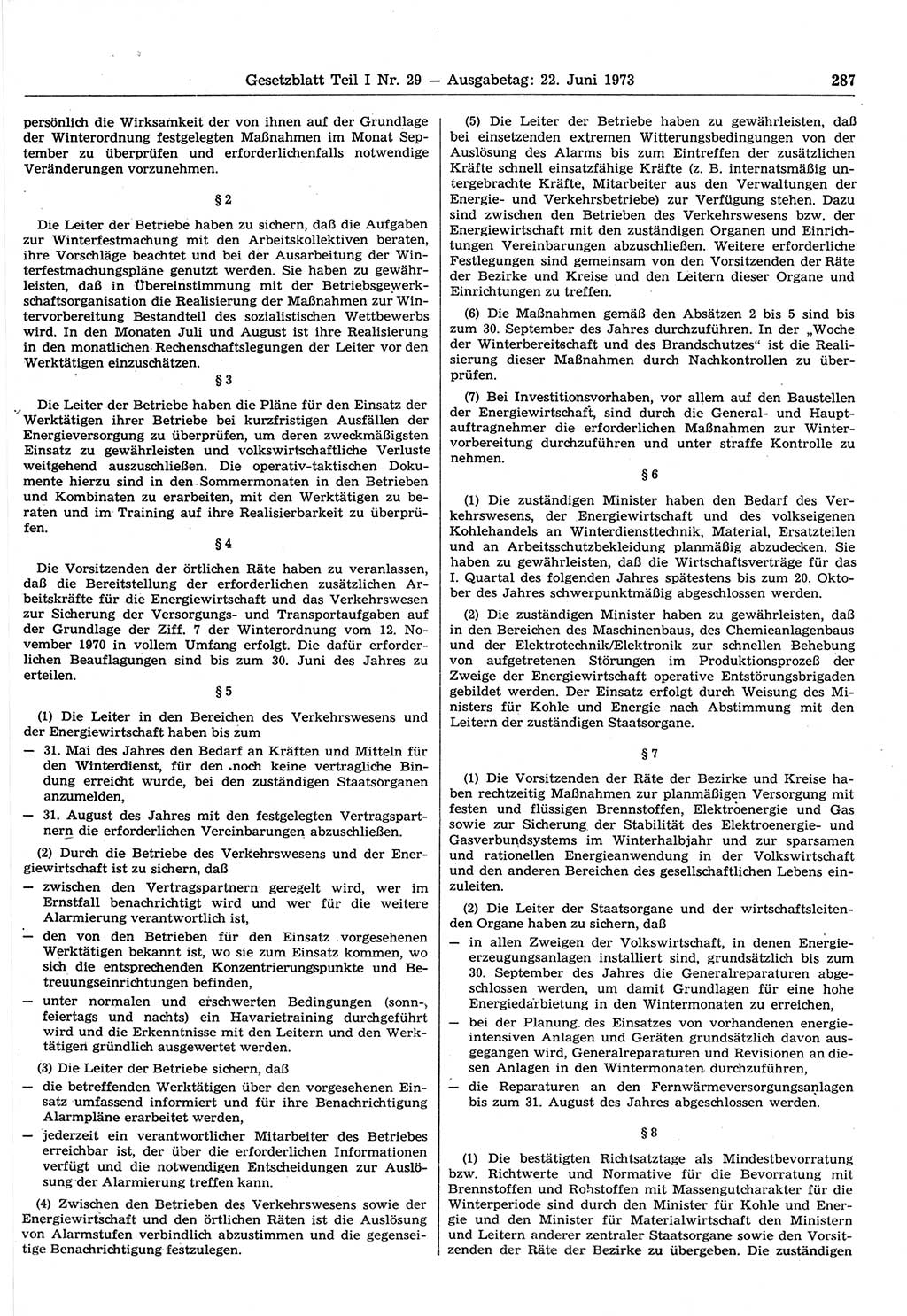 Gesetzblatt (GBl.) der Deutschen Demokratischen Republik (DDR) Teil Ⅰ 1973, Seite 287 (GBl. DDR Ⅰ 1973, S. 287)