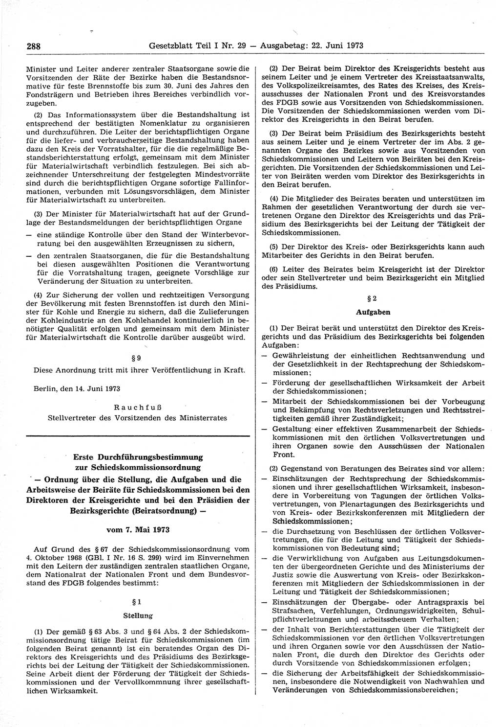 Gesetzblatt (GBl.) der Deutschen Demokratischen Republik (DDR) Teil Ⅰ 1973, Seite 288 (GBl. DDR Ⅰ 1973, S. 288)