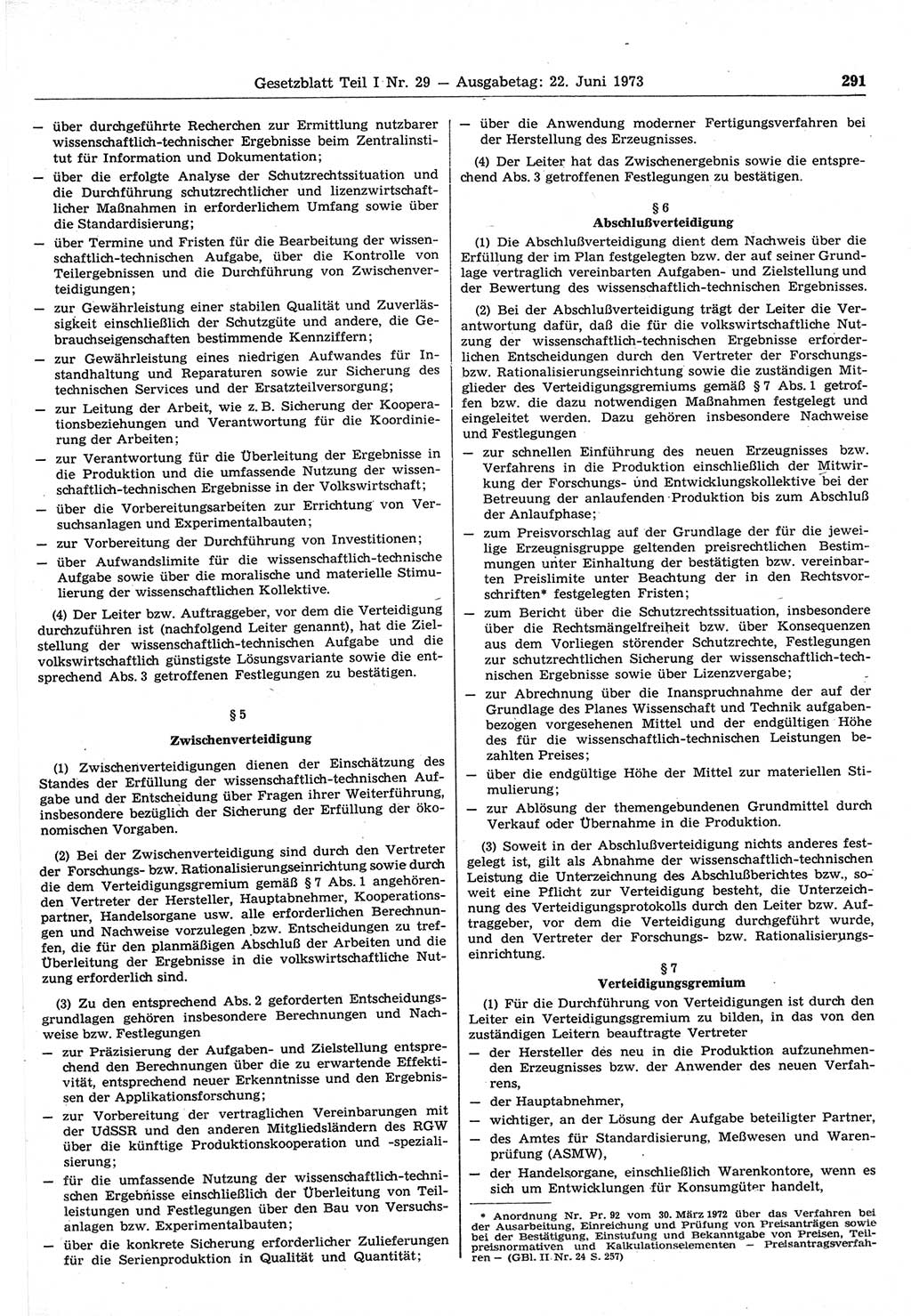 Gesetzblatt (GBl.) der Deutschen Demokratischen Republik (DDR) Teil Ⅰ 1973, Seite 291 (GBl. DDR Ⅰ 1973, S. 291)