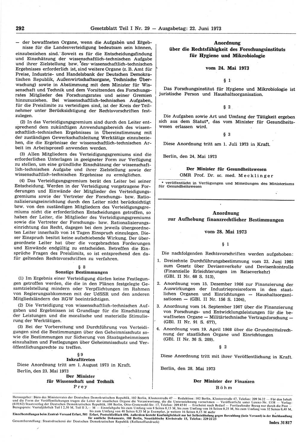Gesetzblatt (GBl.) der Deutschen Demokratischen Republik (DDR) Teil Ⅰ 1973, Seite 292 (GBl. DDR Ⅰ 1973, S. 292)