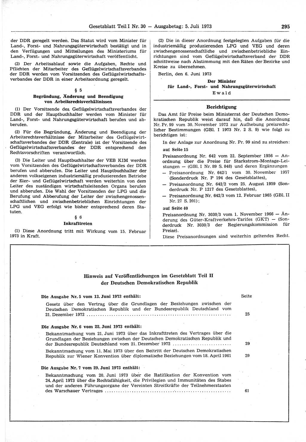 Gesetzblatt (GBl.) der Deutschen Demokratischen Republik (DDR) Teil Ⅰ 1973, Seite 295 (GBl. DDR Ⅰ 1973, S. 295)