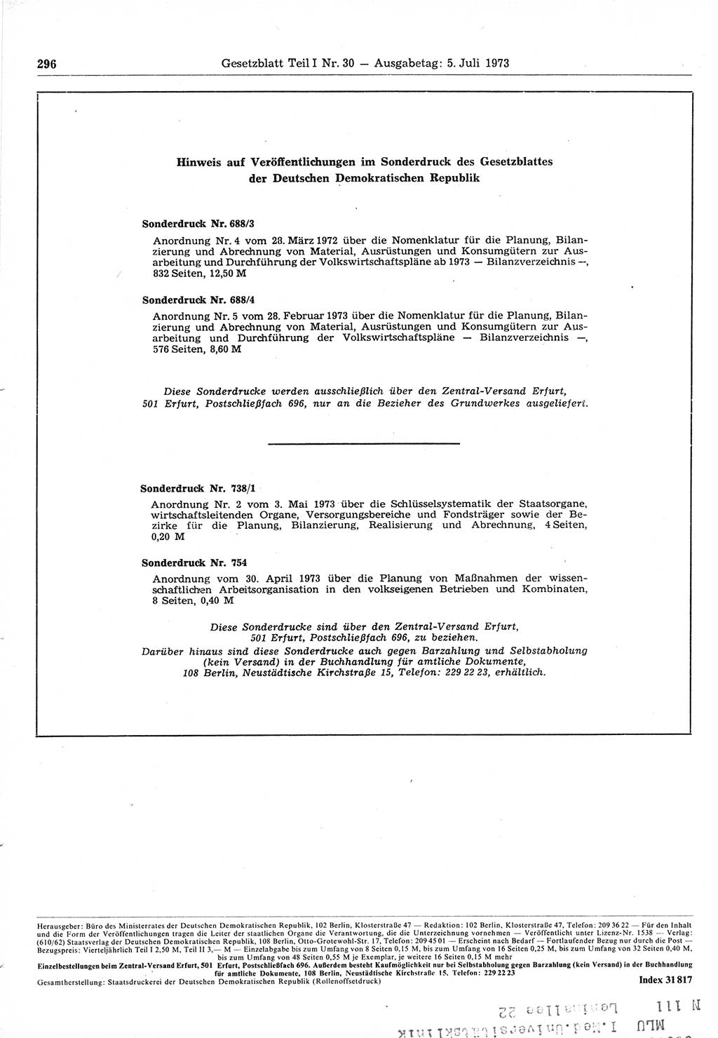 Gesetzblatt (GBl.) der Deutschen Demokratischen Republik (DDR) Teil Ⅰ 1973, Seite 296 (GBl. DDR Ⅰ 1973, S. 296)